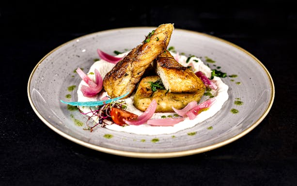 Grilled chicken with pickled onions and herbs on a Budapest Christmas cruise dinner plate.