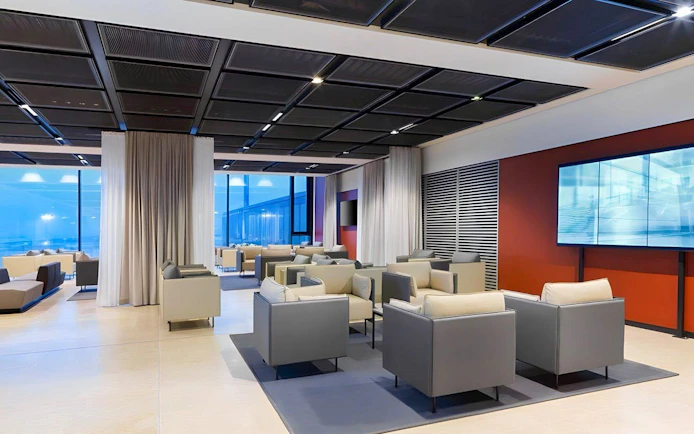 Seating area in BER Lounge Tempelhof at Berlin Brandenburg Airport Terminal 1.