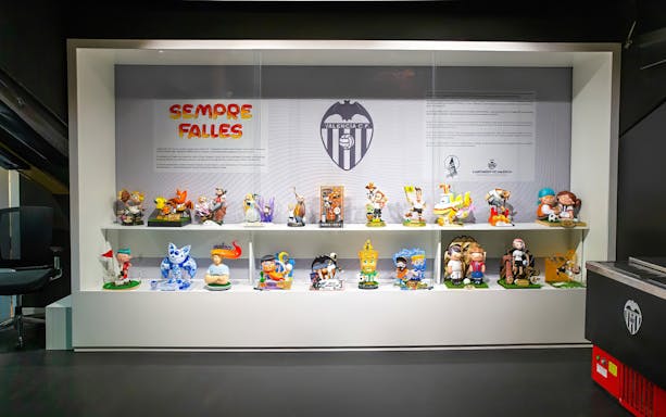 Valencia CF Mestalla Forevertour display with Fallas figurines.