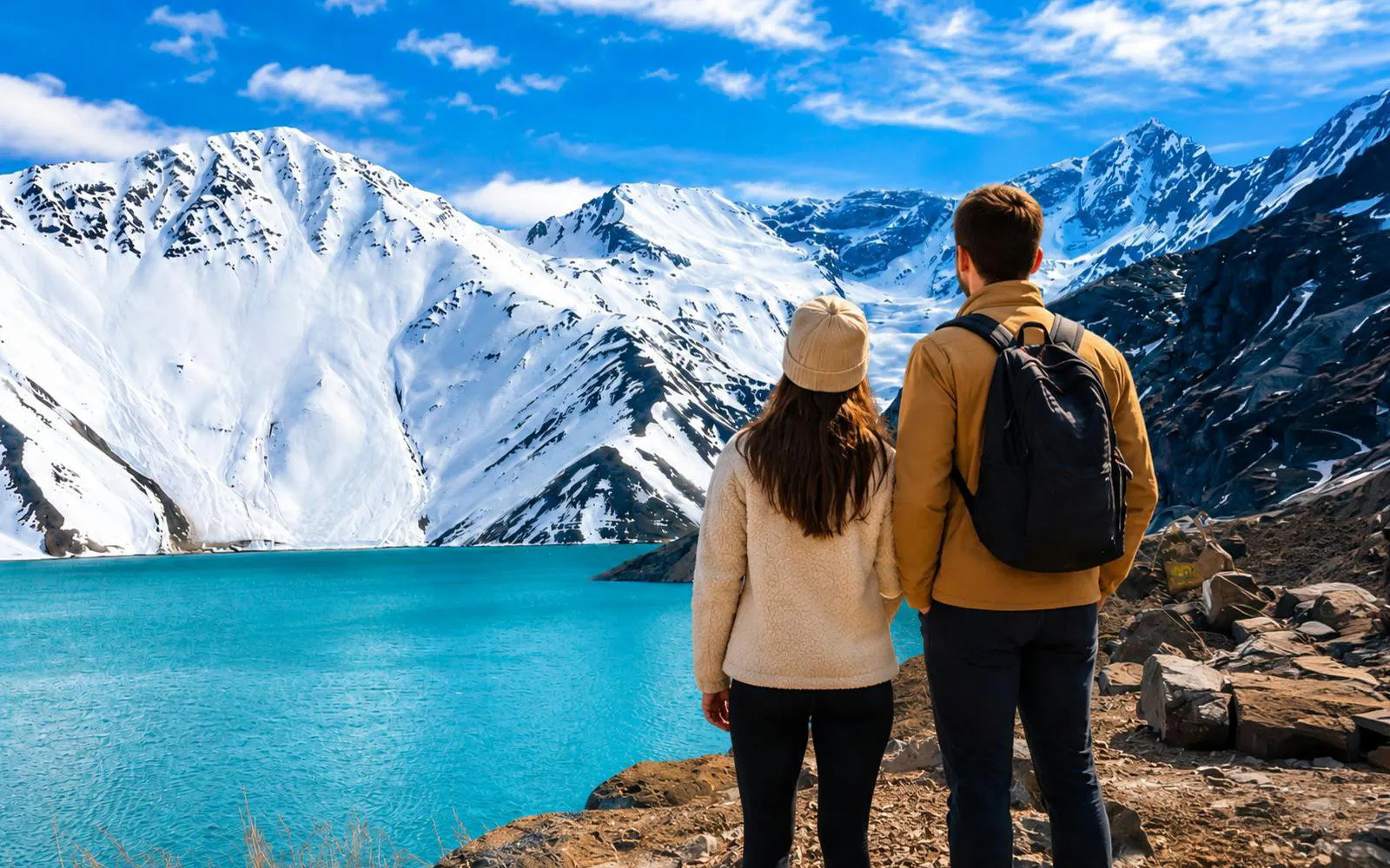 Tourists overlooking snowy Andes mountains at Embalse El Yeso, Chile.