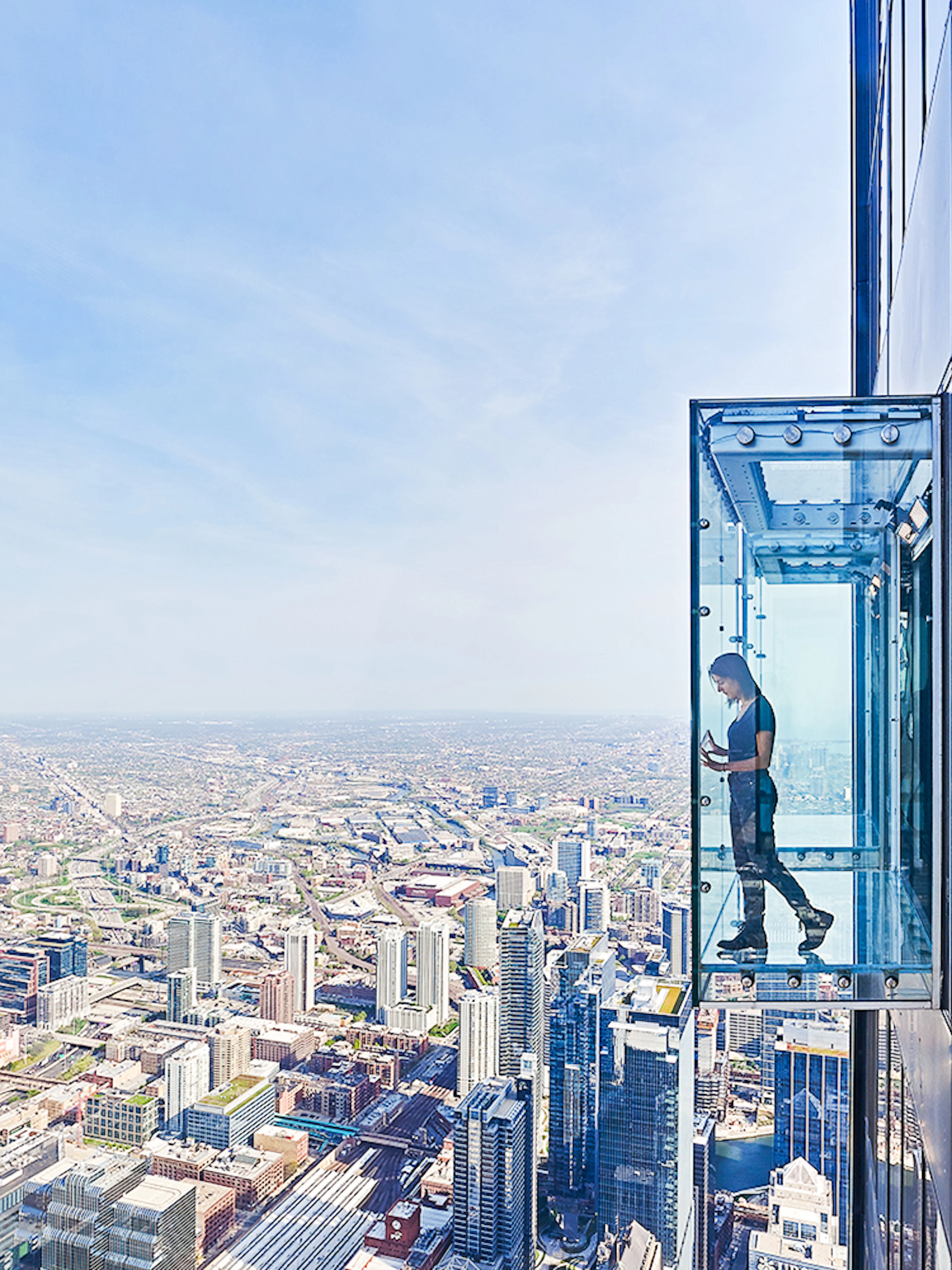 View from the Skydeck at Willis Tower, Chicago, overlooking the cityscape.