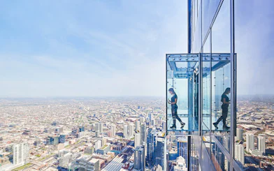 View from the Skydeck at Willis Tower, Chicago, overlooking the cityscape.