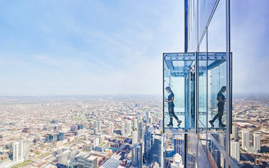View from the Skydeck at Willis Tower, Chicago, overlooking the cityscape.