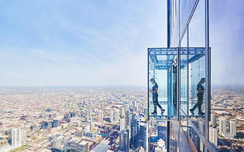 View from the Skydeck at Willis Tower, Chicago, overlooking the cityscape.