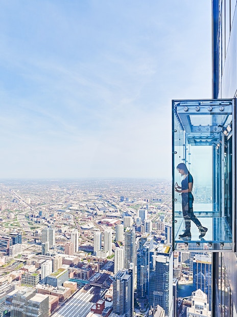 View from the Skydeck at Willis Tower, Chicago, overlooking the cityscape.