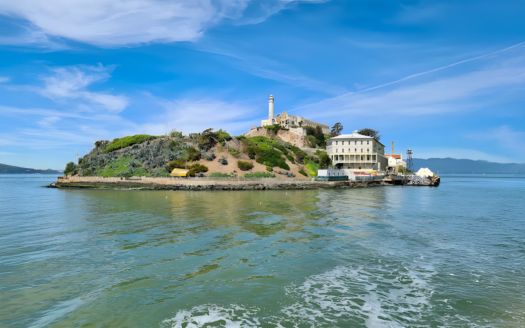 Alcatraz Island viewed from a ferry in San Francisco Bay.