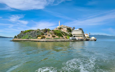 Alcatraz Island viewed from a ferry in San Francisco Bay.