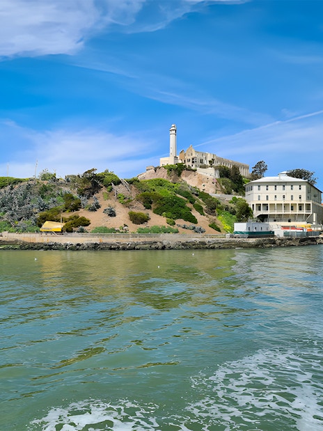 Alcatraz Island viewed from a ferry in San Francisco Bay.