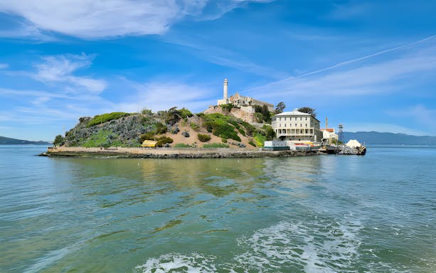 Alcatraz Island viewed from a ferry in San Francisco Bay.