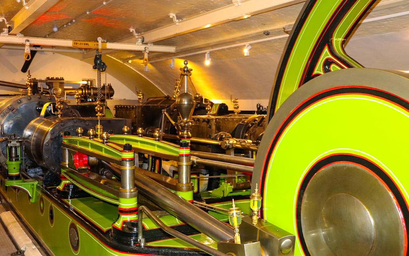 Engine room machinery inside Tower Bridge, London.