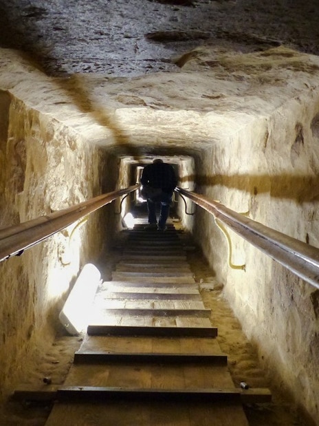 Descending passage inside the Great Pyramid near the Grand Egyptian Museum.