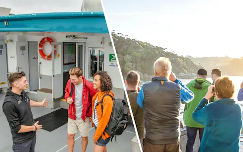 Tourists on a boat at sunset on Stewart Island watching the coastline and sky.