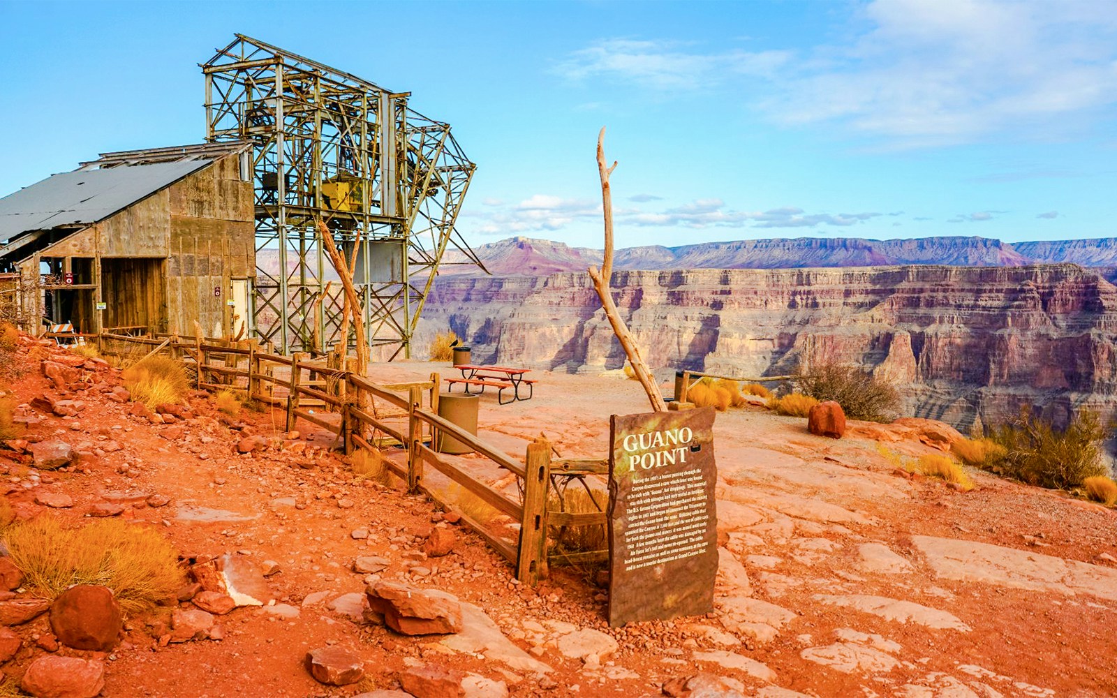 Guano Point with historic mining structure and Grand Canyon view, Grand Canyon West Airplane Tour.