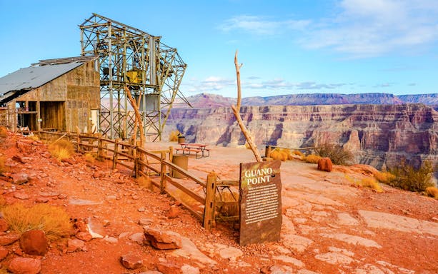 Guano Point with historic mining structure and Grand Canyon view, Grand Canyon West Airplane Tour.