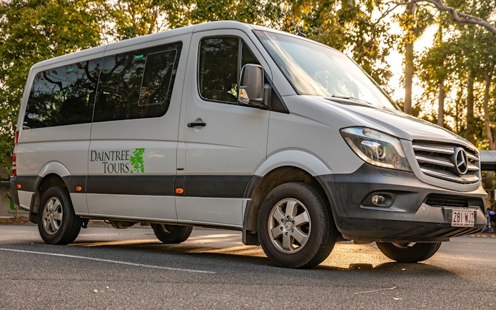 Daintree Tours van parked, ready for guided rainforest tour.