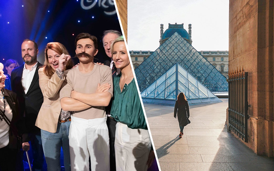 Grevin Museum wax figures and visitor at Louvre Pyramid entrance, Paris.