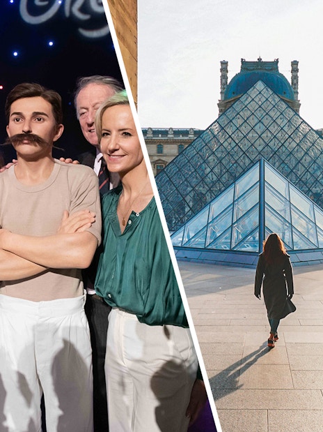 Grevin Museum wax figures and visitor at Louvre Pyramid entrance, Paris.