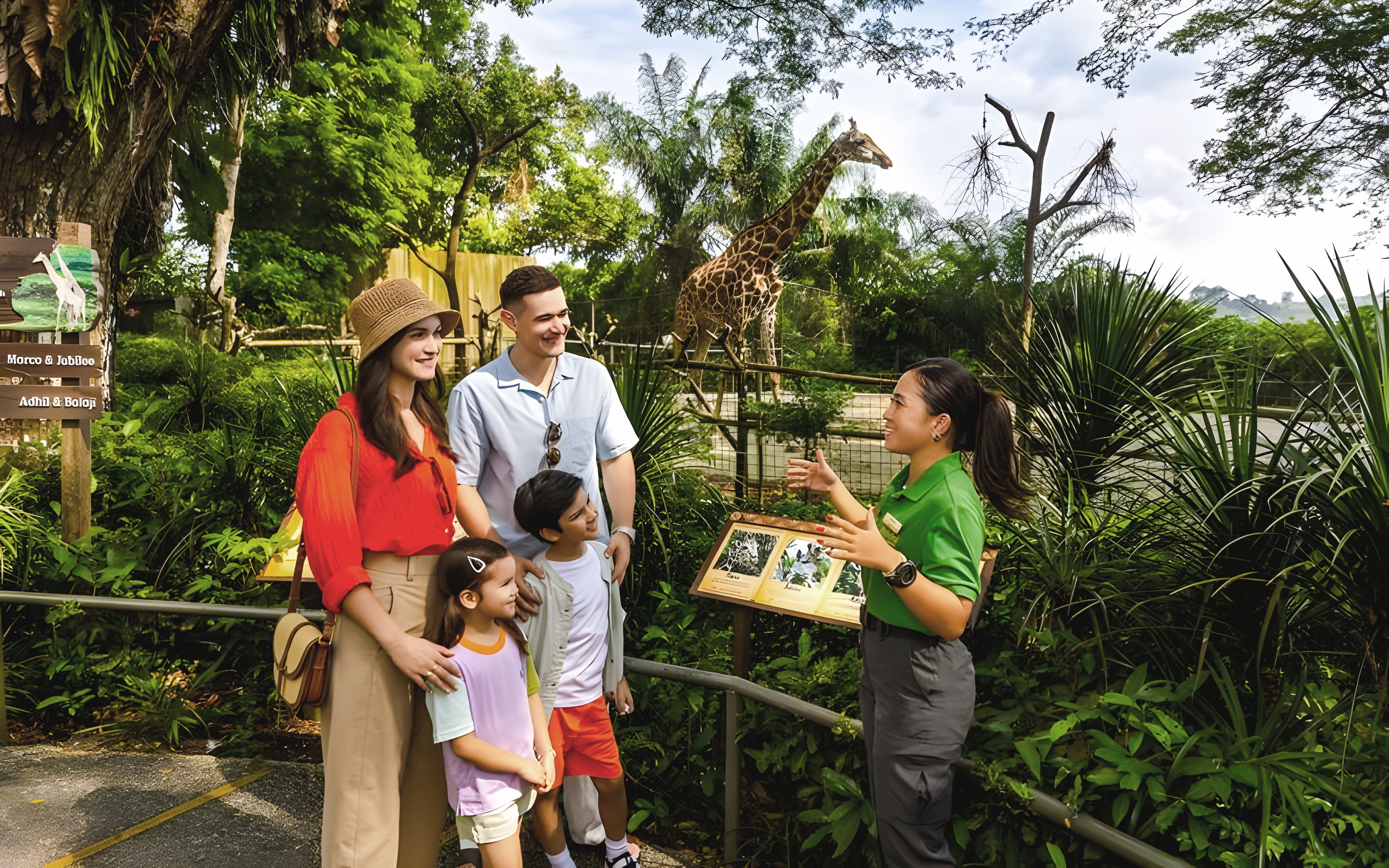 Family with guide at Singapore Zoo, Mandai Wildlife Reserve, with giraffe in background.