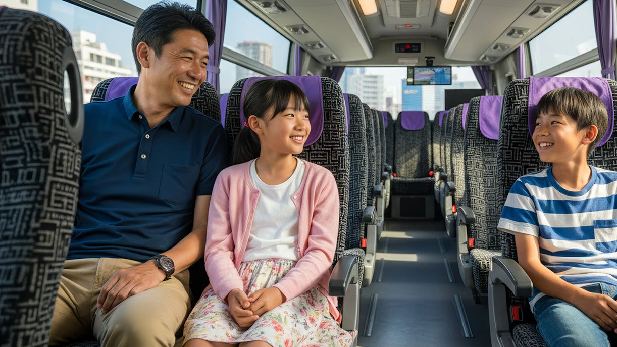 Family enjoying bus transfer from Kansai Airport to Kyoto.