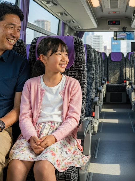 Family enjoying bus transfer from Kansai Airport to Kyoto.