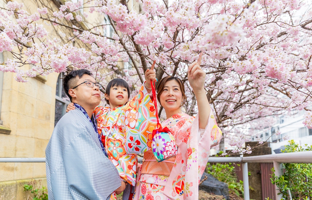 Tourist in traditional kimono walking through Gion district, Kyoto, Japan.