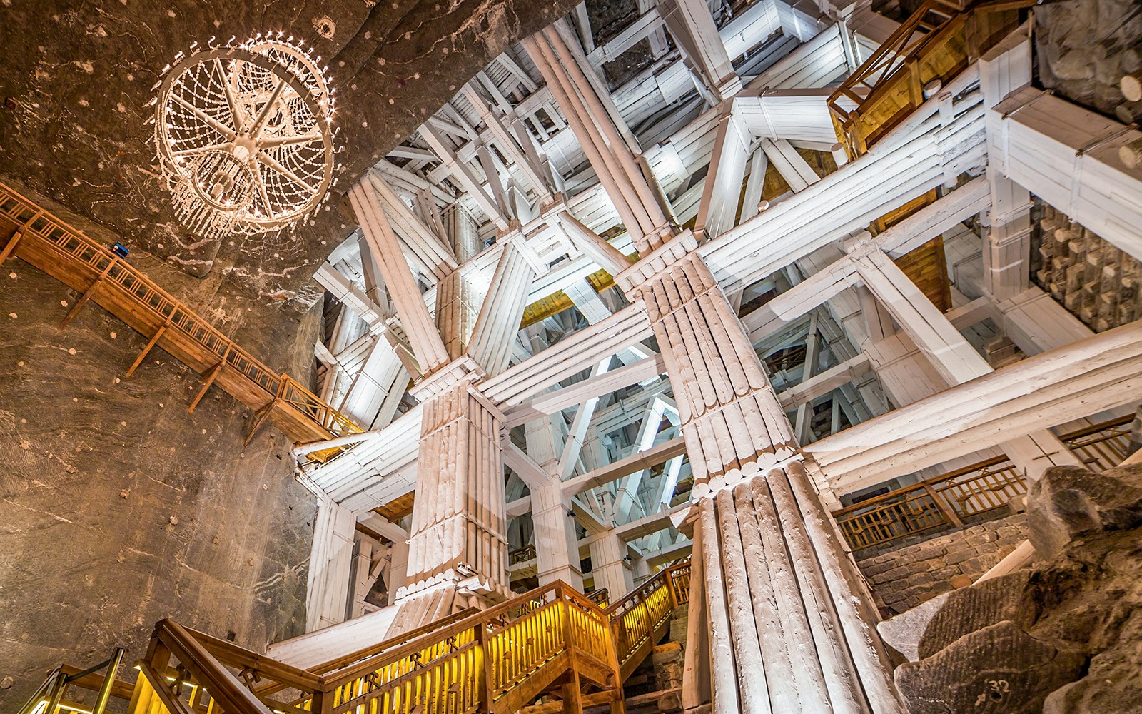 Underground chambers with wooden structures in Wieliczka Salt Mine, Poland.