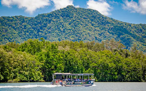 Boat cruising on Daintree River with lush forest and mountain backdrop, Bruce Belchers Daintree River Cruises.