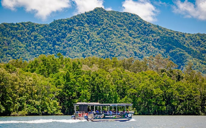 Boat cruising on Daintree River with lush forest and mountain backdrop, Bruce Belchers Daintree River Cruises.