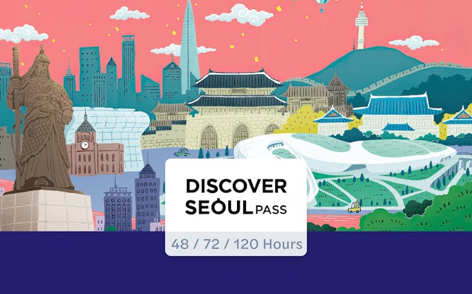 Seoul landmarks illustration with Discover Seoul Pass text.