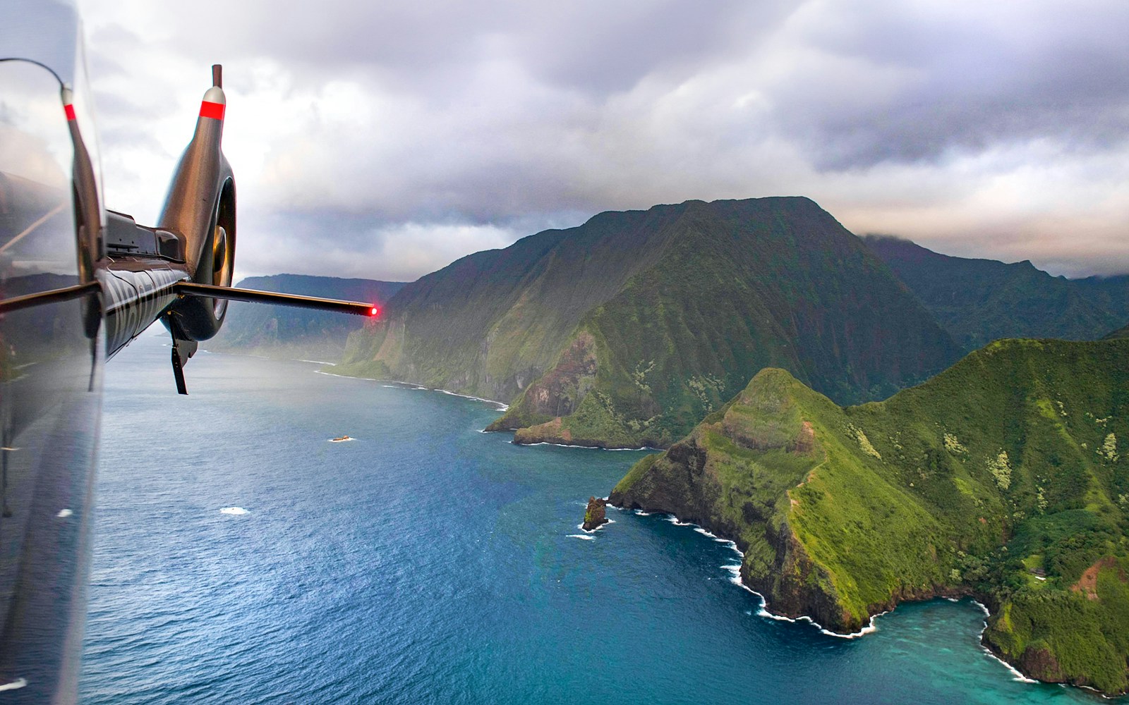 Helicopter view of Maui and Molokai coastline in Hawaii.