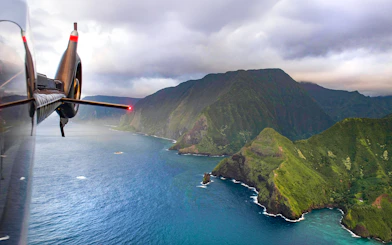 Helicopter view of Maui and Molokai coastline in Hawaii.