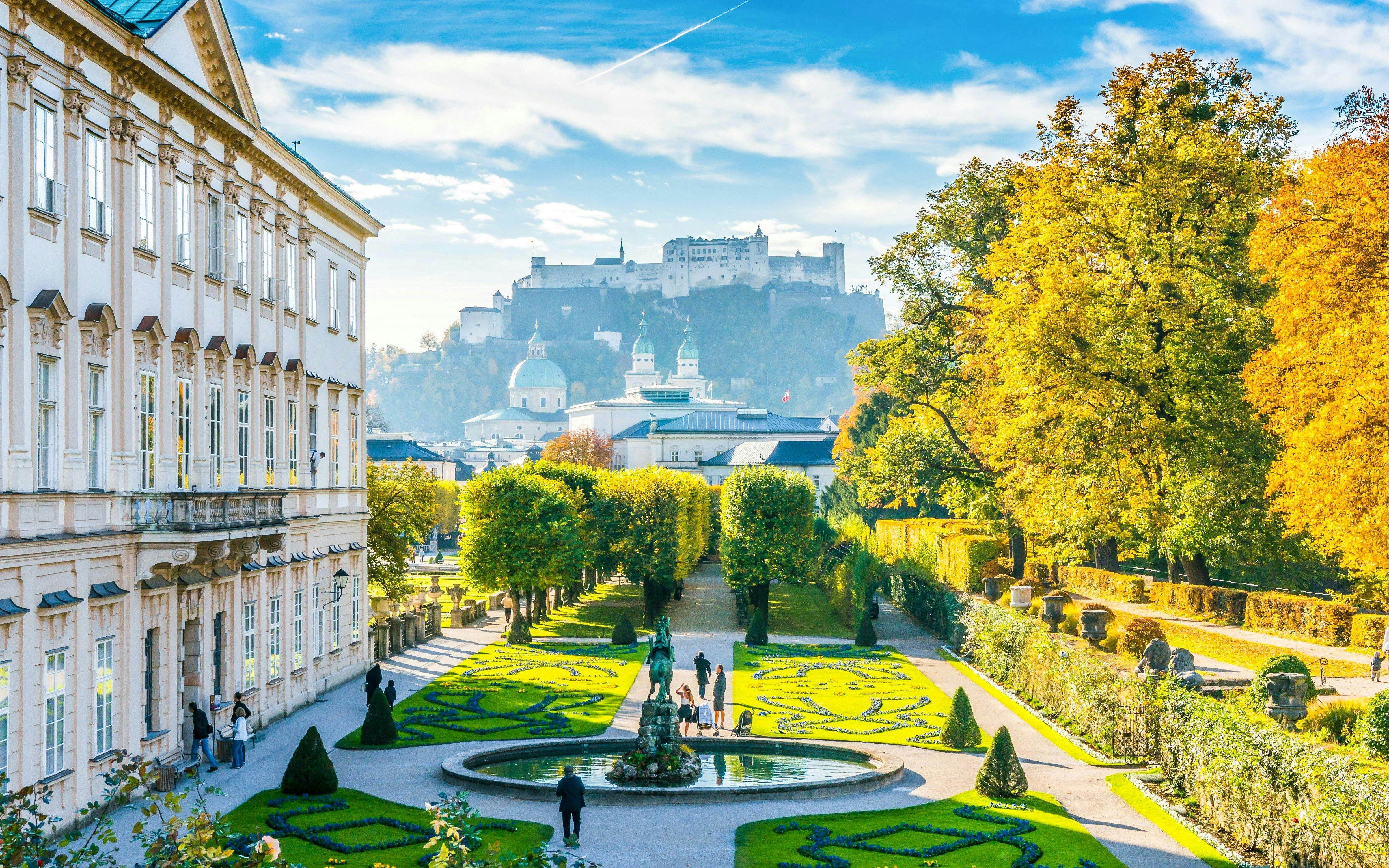 Mirabell Gardens with Hohensalzburg Fortress in Salzburg, Austria.