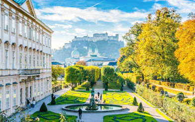 Mirabell Gardens with Hohensalzburg Fortress in Salzburg, Austria.