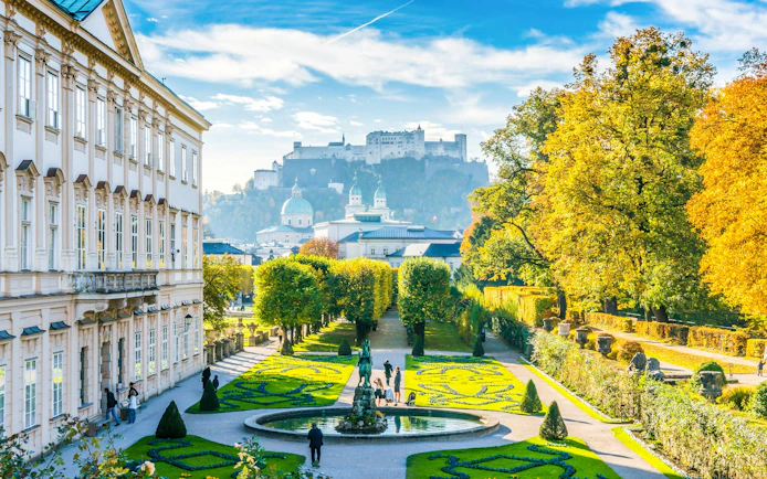Mirabell Gardens with Hohensalzburg Fortress in Salzburg, Austria.
