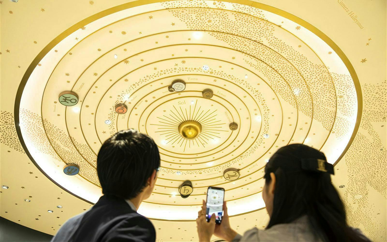 Visitors observing solar system display at Konica Minolta Planetaria TOKYO Ginza.