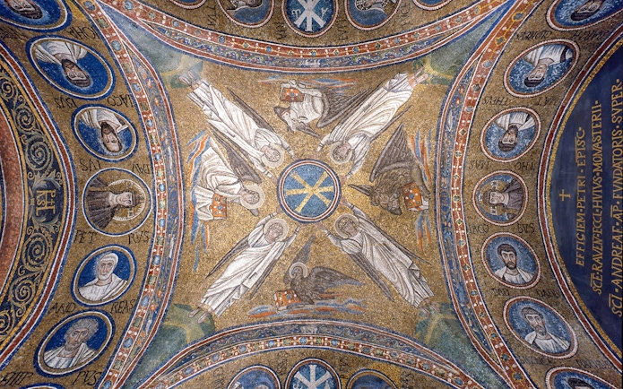 Ravenna ceiling mosaic depicting angels and saints in vibrant colors.