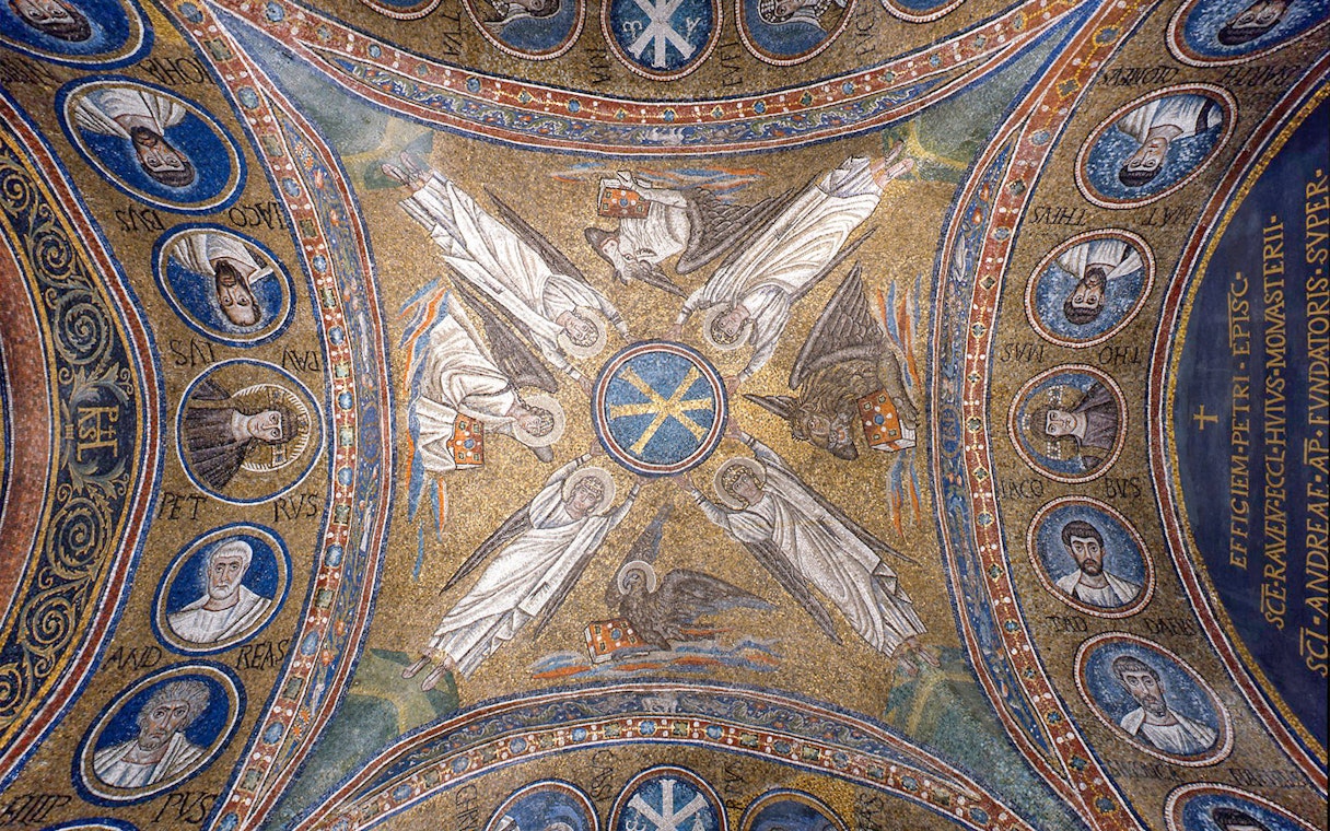 Ravenna ceiling mosaic depicting angels and saints in vibrant colors.