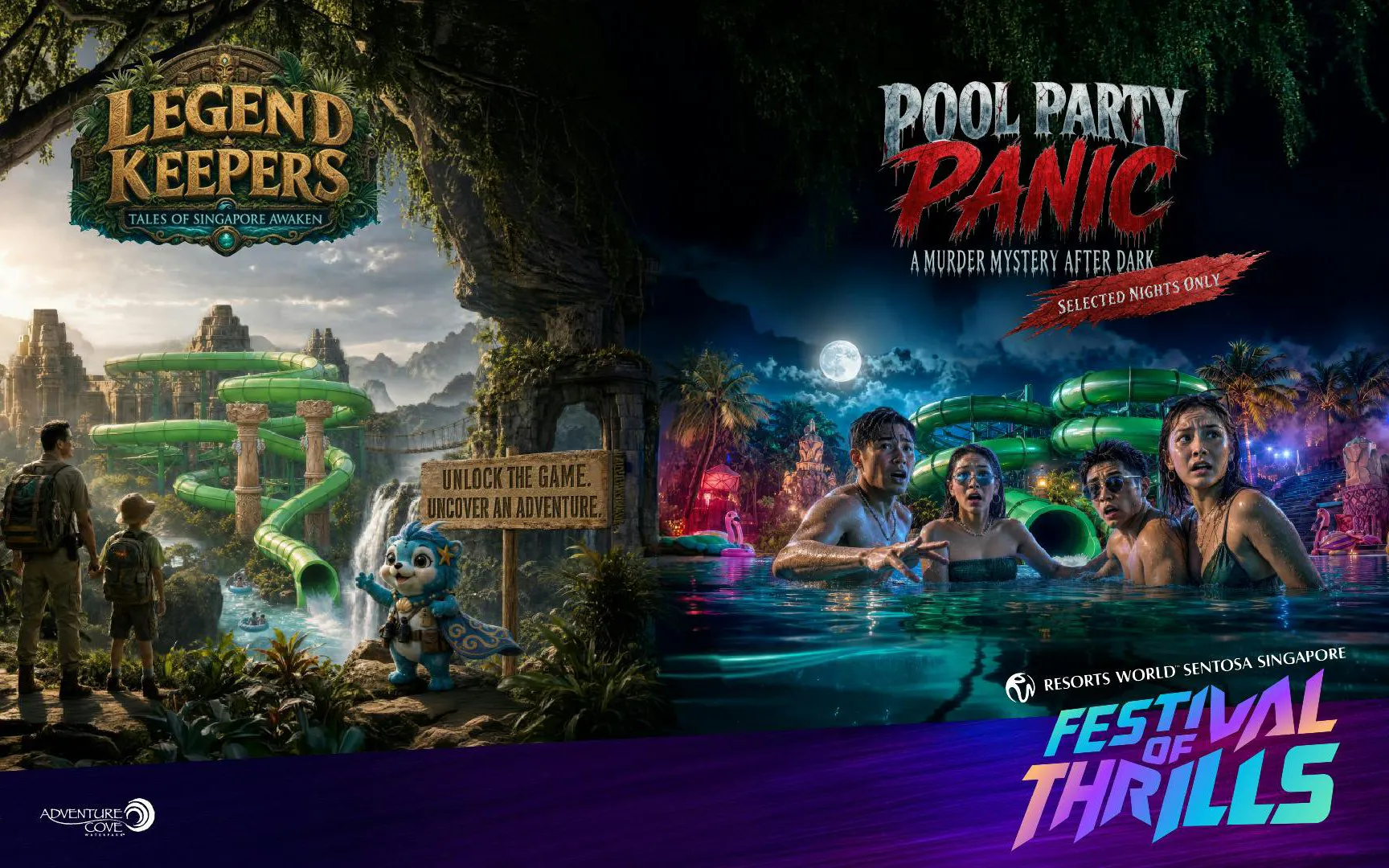 Legend Keepers and Pool Party Panic attractions at Resorts World Sentosa, featuring adventure and mystery themes.