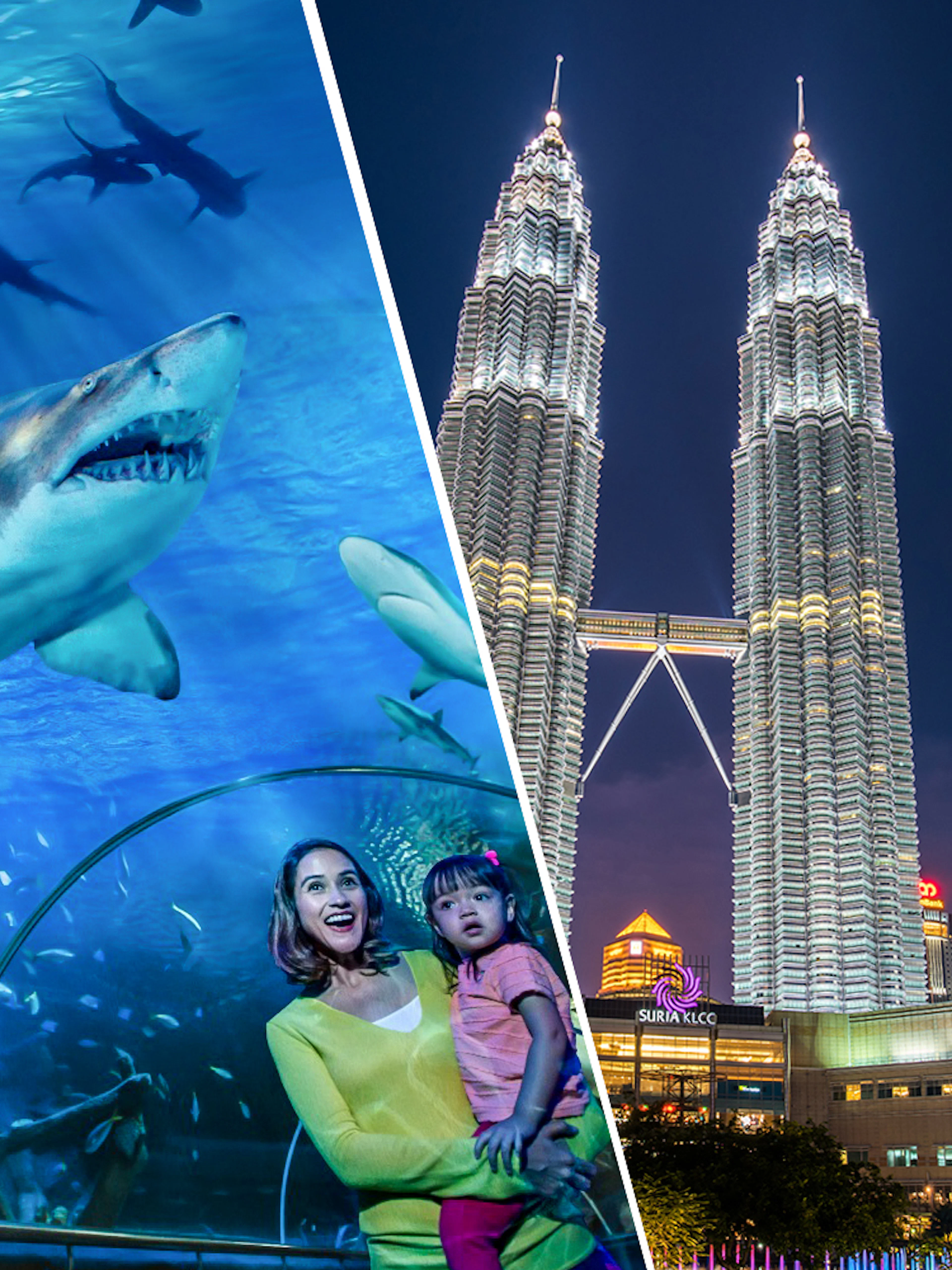 Petrosains science center and Aquaria KLCC with sharks and Petronas Towers in Kuala Lumpur.