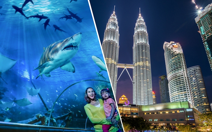 Petrosains science center and Aquaria KLCC with sharks and Petronas Towers in Kuala Lumpur.