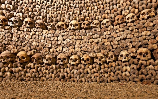 Skulls and bones arranged in the Catacombs of Paris.