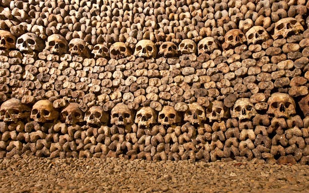 Skulls and bones arranged in the Catacombs of Paris.