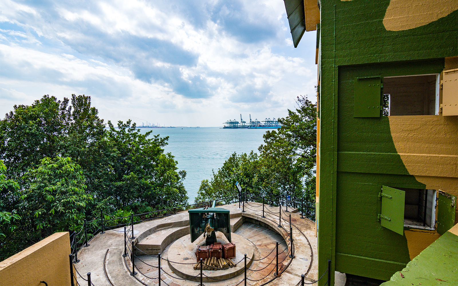 Fort Siloso coastal gun overlooking the sea and port in Singapore.