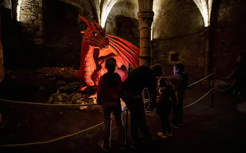 Visitors observing a dragon sculpture in the cellar of Château de Meung-sur-Loire.