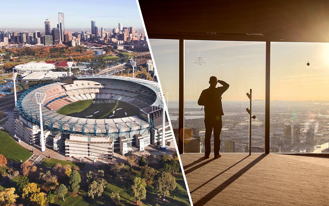 Melbourne Cricket Ground aerial view and person enjoying cityscape from Melbourne Skydeck.