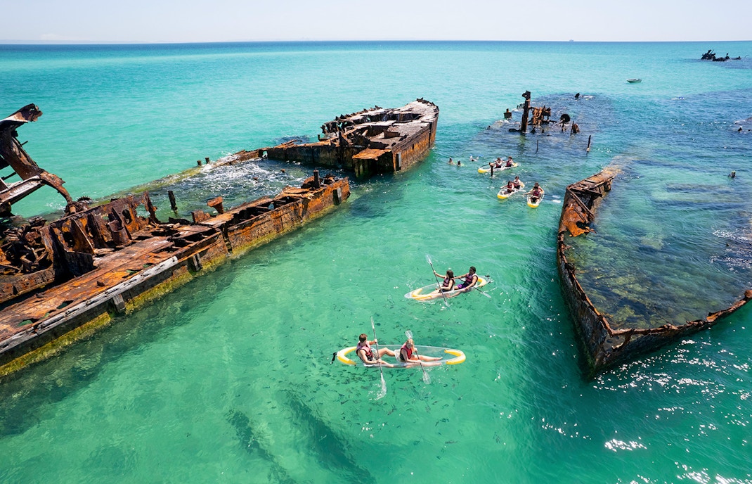 Aerial view of people kayaking at Moreton Island