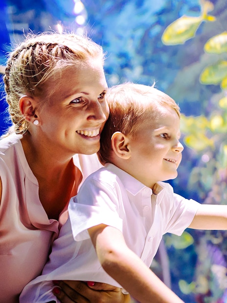 Mother and son observing fish in an oceanarium.