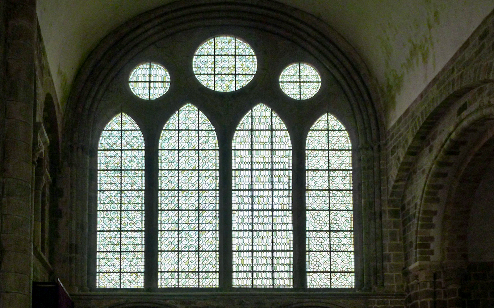 Stained glass windows inside Mont-Saint-Michel Abbey, France.