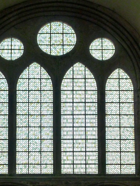 Stained glass windows inside Mont-Saint-Michel Abbey, France.