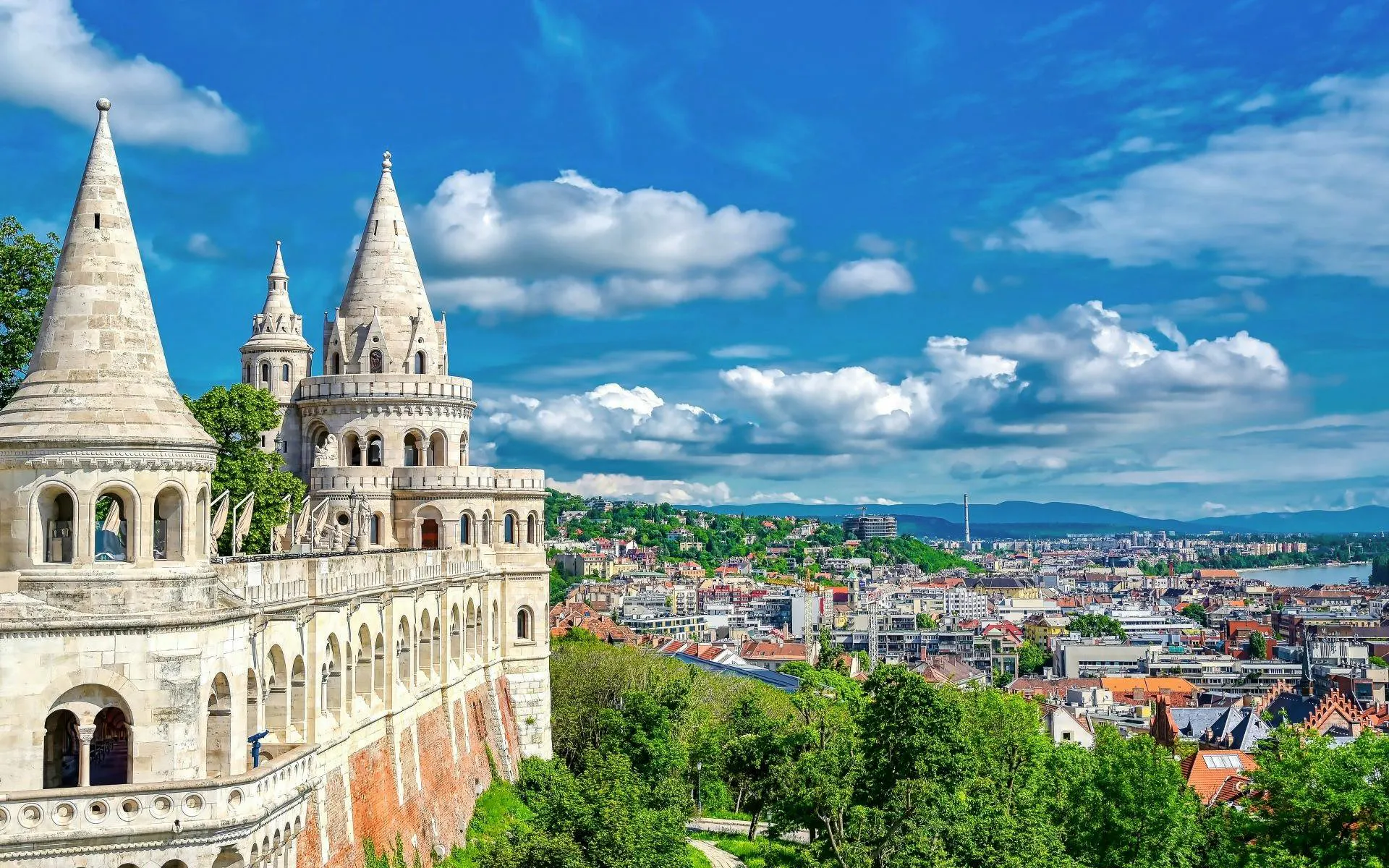 Fisherman's Bastion overlooking Budapest cityscape, Hungary.